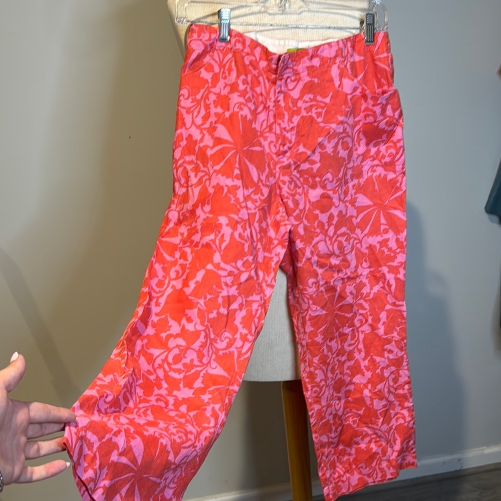 2 pairs of 100% linen Sigrid Olsen Vibrant Green and red Floral Pants